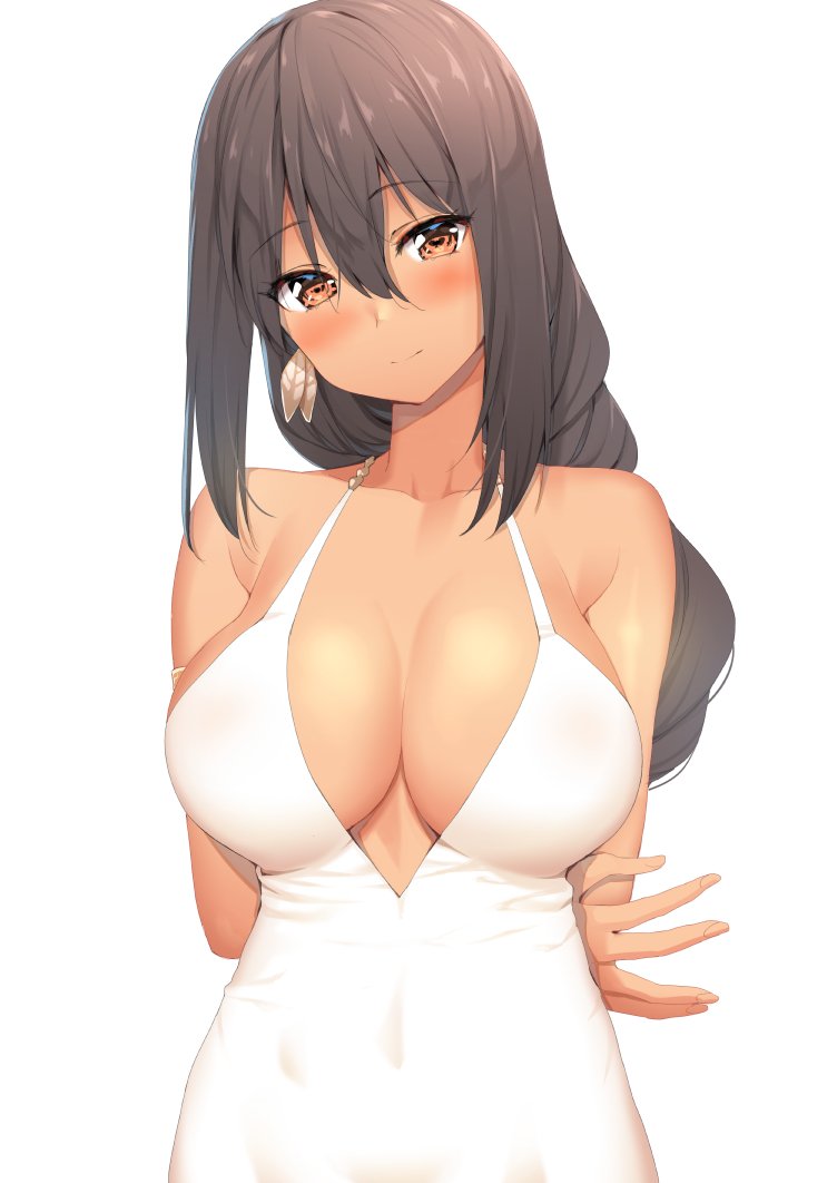 armlet arms_behind_back azur_lane bangs bare_shoulders black_hair blush body_mahattaya_ginga breasts brown_eyes cleavage closed_mouth collarbone covered_navel dark_skin dress earrings eyebrows_visible_through_hair feather_earrings hair_between_eyes head_tilt jewelry large_breasts light_smile long_hair looking_at_viewer native_american revision simple_background smile solo south_dakota_(azur_lane) tied_hair upper_body white_background white_dress