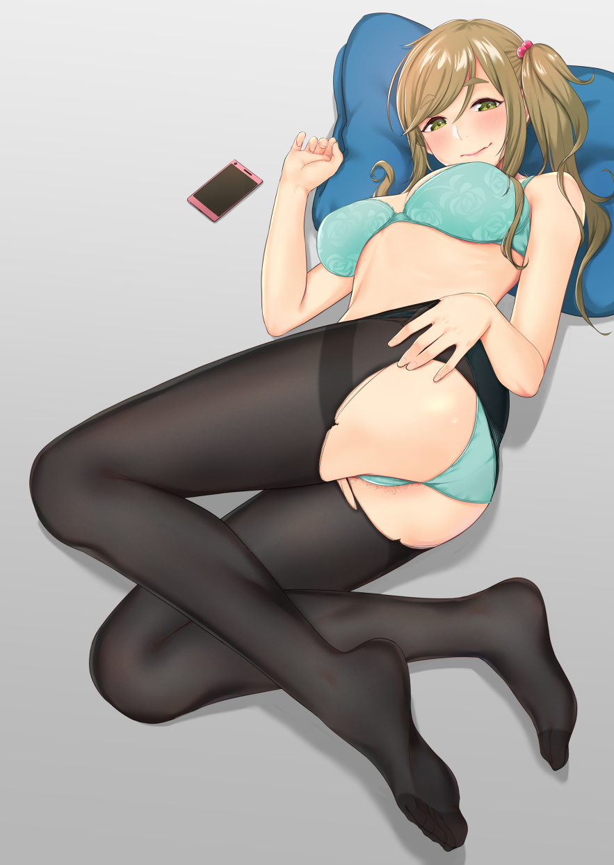 ass bangs black_legwear blush bra breasts cellphone closed_mouth eyebrows_visible_through_hair feet full_body gradient gradient_background green_bra green_panties grey_background hair_bobbles hair_ornament hand_on_ass highres inuyama_aoi legs long_hair looking_at_viewer looking_back lying medium_breasts on_side panties pantyhose phone pillow pubic_hair pubic_hair_peek shadow shukurimu side_ponytail smartphone smile solo swept_bangs thighband_pantyhose torn_clothes torn_legwear underwear underwear_only yurucamp