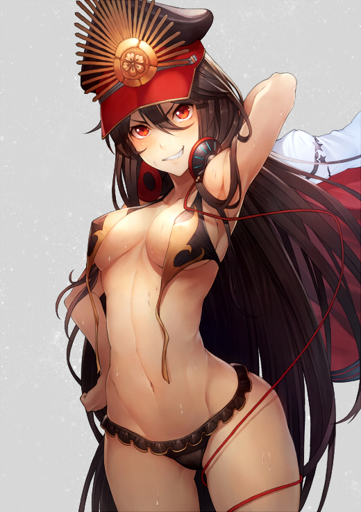 arm_behind_head banned_artist bikini black_bikini black_hair breasts commentary_request family_crest fate/grand_order fate_(series) frilled_bikini_bottom front-tie_bikini front-tie_top grey_background hand_on_hip hat hat_ornament headphones headphones_around_neck holding holding_jacket jacket jacket_removed kyoeiki long_hair looking_at_viewer navel oda_nobunaga_(swimsuit_berserker)_(fate) peaked_cap red_eyes smirk solo swimsuit underboob untied untied_bikini very_long_hair