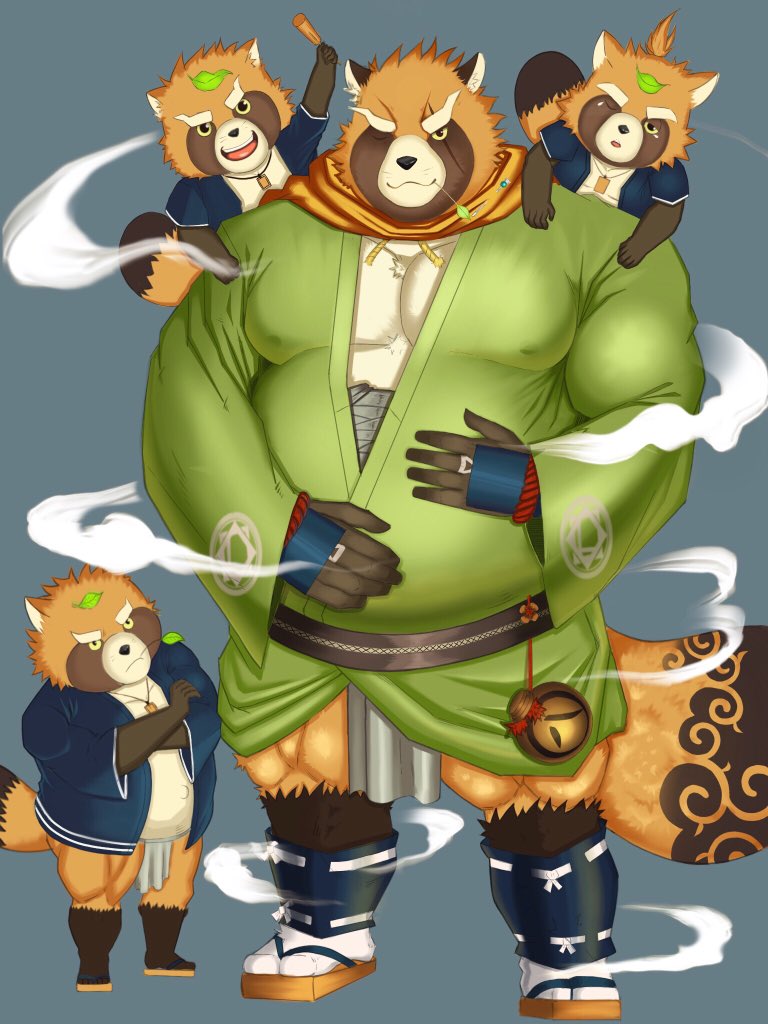 2018 anthro belly brown_fur canine clothing footwear fundoshi fur group gyobu humanoid_hands japanese_clothing leaf male mammal one_eye_closed overweight overweight_male robe sandals scar starxstar123 tanuki tattoo tokyo_afterschool_summoners underwear wink young