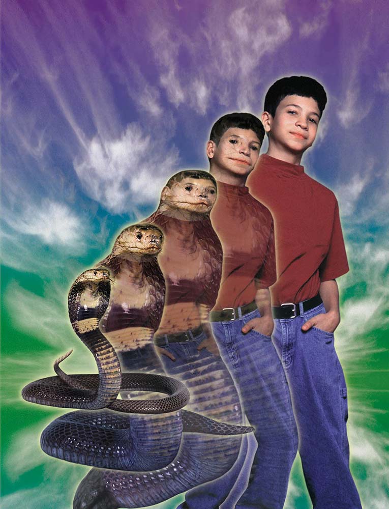 1998 animorphs belt clothing cloud cobra cover_art david_mattingly forked_tongue hands_in_pocket human human_to_feral hybrid jeans king_cobra looking_at_viewer male mammal marco_(animorphs) official_art pants reptile scalie shirt sky snake solo spawn_(animorphs) tongue tongue_out transformation