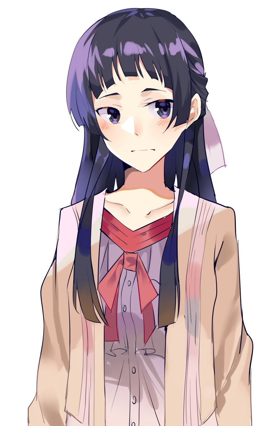 :| ai-chan_(pixiv29351299) arms_at_sides black_eyes black_hair blush closed_mouth commentary_request hair_over_shoulder hair_ribbon highres long_hair looking_at_viewer oribe_ririko red_ribbon ribbon sakura_quest solo upper_body white_background white_ribbon