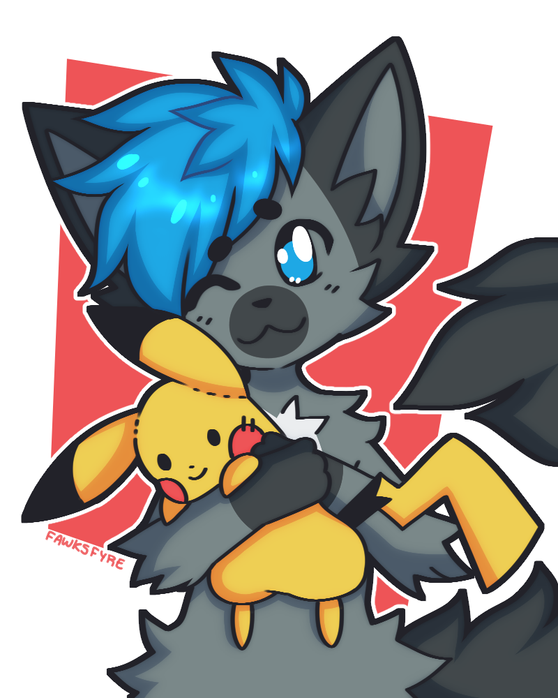 black_ear black_fur black_tail blue_eyes blue_hair border canine cuddling cute eyebrows fawksfyre fur grey_fur hair jerome_blaze long_tail male mammal nintendo one_eye_closed pikachu plushie pointy_ears pok&eacute;mon pok&eacute;mon_(species) signature simple_background smile solo tuft video_games white_fur wink wolf