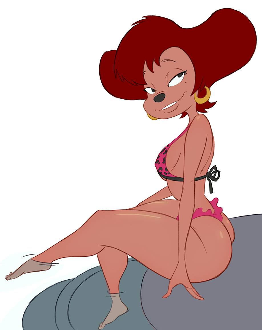2018 anthro bikini black_nose breasts brown_hair butt canine clothed clothing datguyphil disney dog ear_piercing female goof_troop hair half-closed_eyes legs_together mammal mature_female peg_pete piercing short_hair side_boob simple_background sitting smile solo swimsuit thick_thighs thin_waist white_background