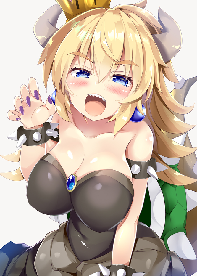 blonde_hair blue_eyes blush bowsette breasts claw_pose cleavage collarbone crown dress earrings fingernails half-closed_eyes horns jewelry long_hair mario_(series) maruchan. nail_polish new_super_mario_bros._u_deluxe open_mouth sharp_fingernails sharp_teeth simple_background smile solo spiked_shell super_crown tail teeth white_background