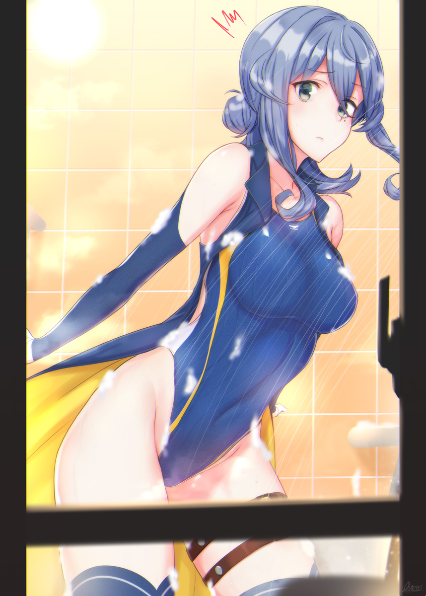 adapted_costume bangs bathroom blue_eyes blue_hair blue_legwear blue_swimsuit blush breasts collarbone competition_swimsuit covered_navel detached_sleeves eyebrows_visible_through_hair gloves gotland_(kantai_collection) groin hair_between_eyes hair_bun half_gloves highres kantai_collection leg_garter long_hair long_sleeves looking_at_viewer medium_breasts mole mole_under_eye one-piece_swimsuit osterei showering sidelocks solo steam surprised swimsuit thigh_strap thighhighs white_gloves window