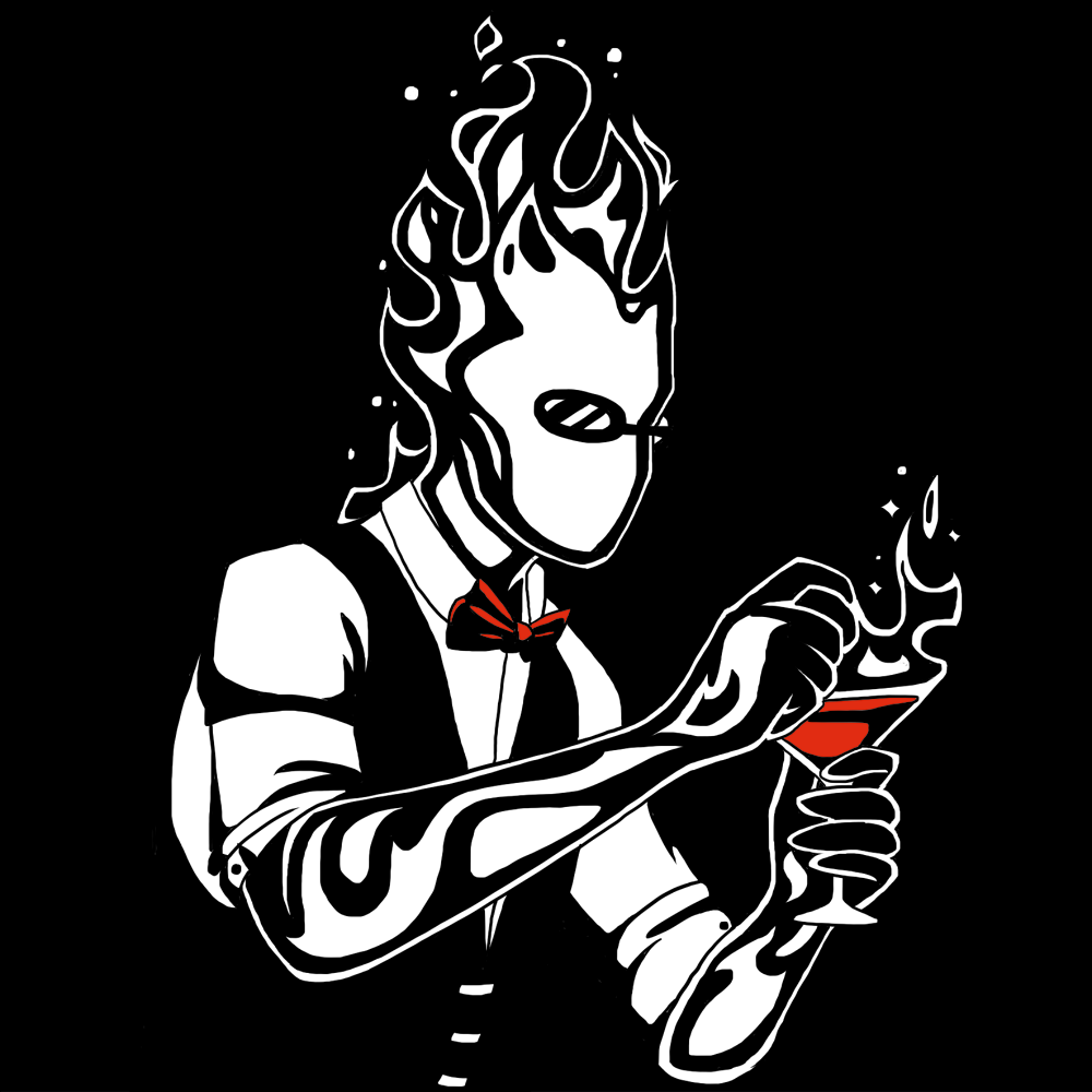 2018 5_fingers alcohol artistic_license beverage biped black_and_white black_background clothed clothing digital_drawing_(artwork) digital_media_(artwork) elemental eyewear fire fire_elemental glasses grillby humanoid male monochrome not_furry simple_background solo standing undertale video_games wine