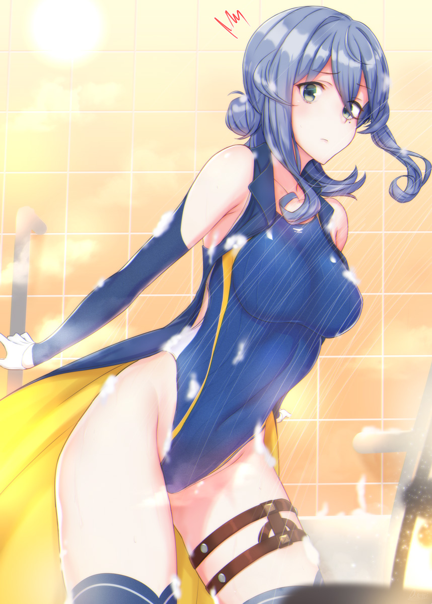 adapted_costume bangs bathroom blue_eyes blue_hair blue_legwear blue_swimsuit blush breasts collarbone commentary_request competition_swimsuit covered_navel detached_sleeves eyebrows_visible_through_hair gloves gotland_(kantai_collection) groin hair_between_eyes hair_bun half_gloves highres kantai_collection long_hair long_sleeves looking_at_viewer medium_breasts mole mole_under_eye one-piece_swimsuit osterei showering sidelocks solo steam surprised swimsuit thigh_strap thighhighs white_gloves