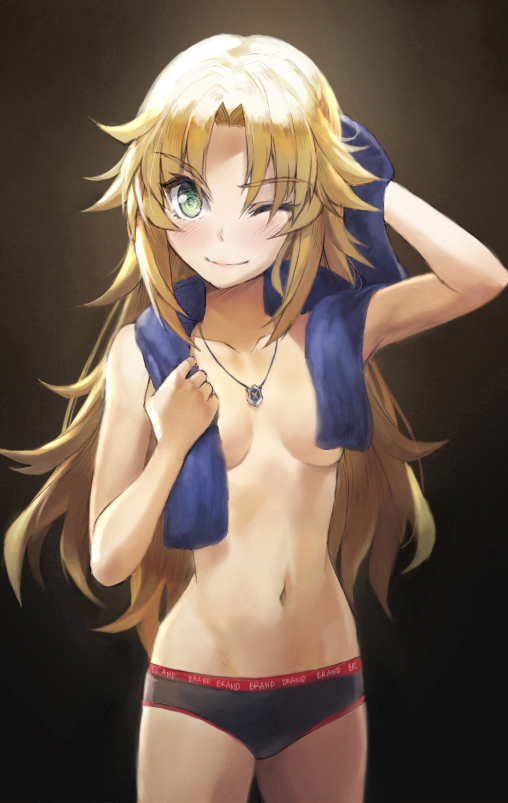 alternate_hairstyle arm_up bangs bare_arms black_panties blonde_hair blue_towel blush brand_name_imitation breasts clothes_writing collarbone convenient_censoring cowboy_shot drying drying_hair eyebrows_visible_through_hair fate/apocrypha fate_(series) green_eyes hair_down jewelry long_hair looking_at_viewer mordred_(fate) mordred_(fate)_(all) navel necklace one_eye_closed panties parted_bangs small_breasts smile solo stomach toned tonee topless towel towel_around_neck underwear v-shaped_eyebrows very_long_hair