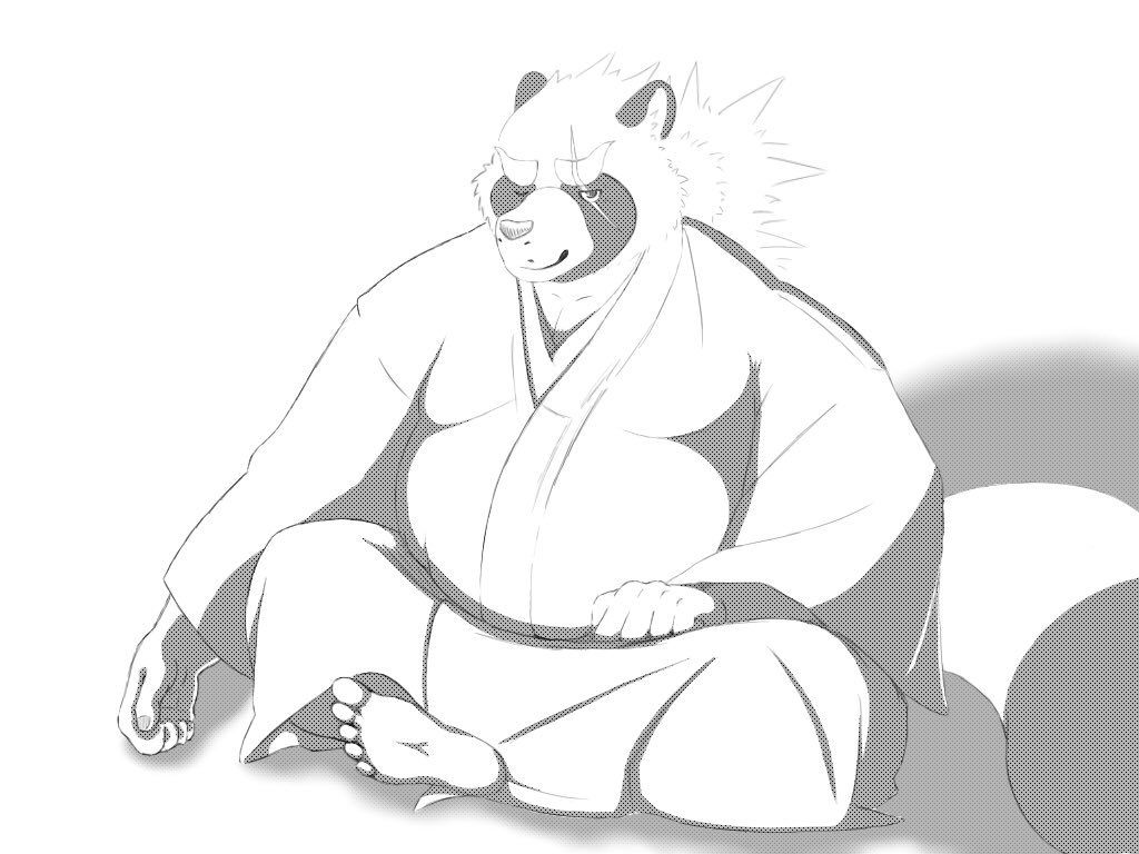 2018 anthro belly canine clothing gyobu humanoid_hands jinku_56 male mammal overweight overweight_male robe scar sitting solo tanuki tokyo_afterschool_summoners