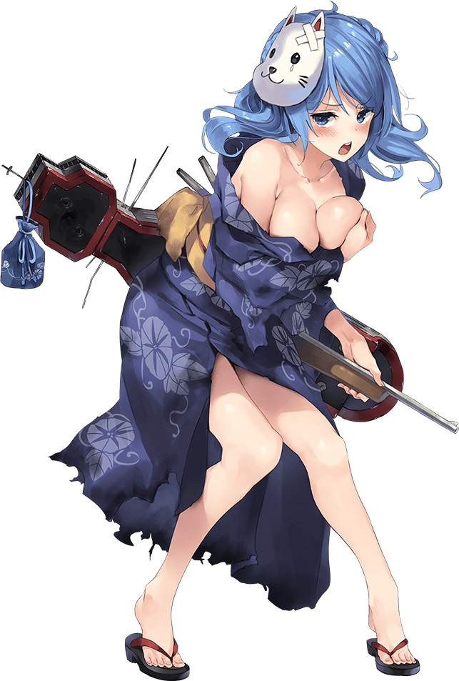 banned_artist bare_legs blue_eyes breasts covering covering_breasts full_body gun japanese_clothes kantai_collection kimono large_breasts mask no_socks official_art paseri pout sandals solo transparent_background urakaze_(kantai_collection) weapon