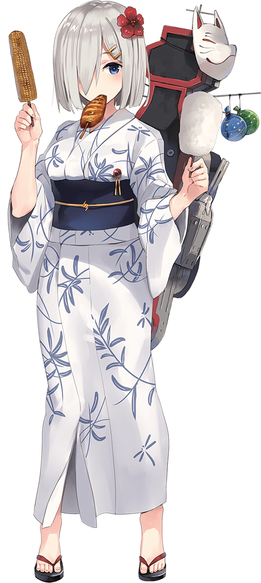 bag banned_artist blue_eyes breasts corn cotton_candy doll flower full_body hamakaze_(kantai_collection) japanese_clothes kantai_collection kimono large_breasts mask no_socks official_art paseri sandals silver_hair solo transparent_background yukata