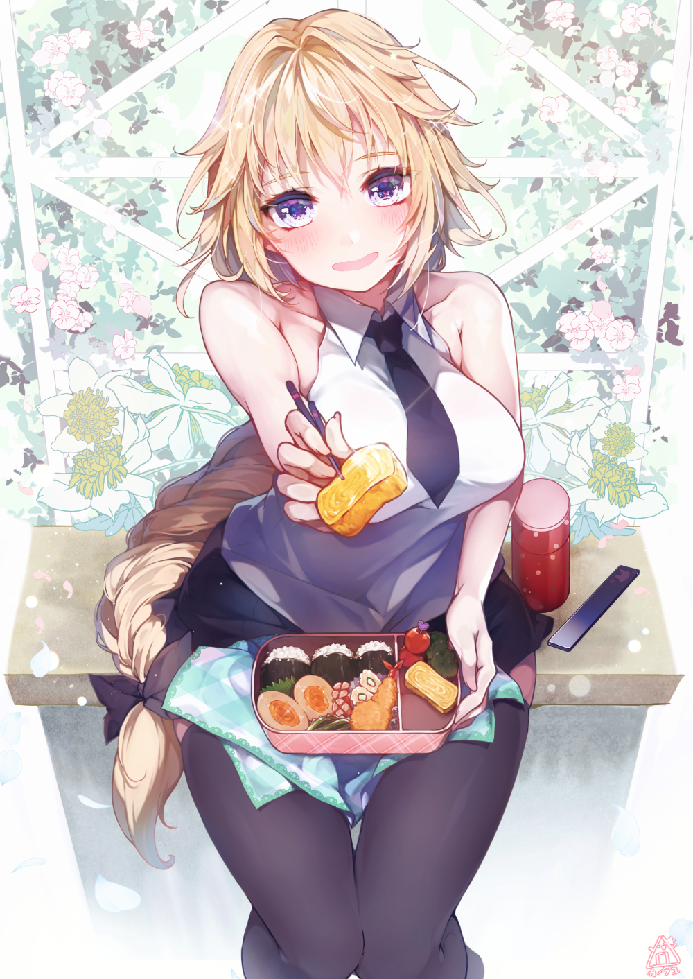 1girl bare_shoulders blonde_hair blush breasts chopsticks fate/apocrypha fate/grand_order fate_(series) food highres holding holding_food jeanne_d'arc_(fate) jeanne_d'arc_(fate)_(all) kanola_u long_braid long_hair looking_at_viewer medium_breasts obentou onigiri open_mouth purple_eyes sitting smile solo tempura thighhighs very_long_hair