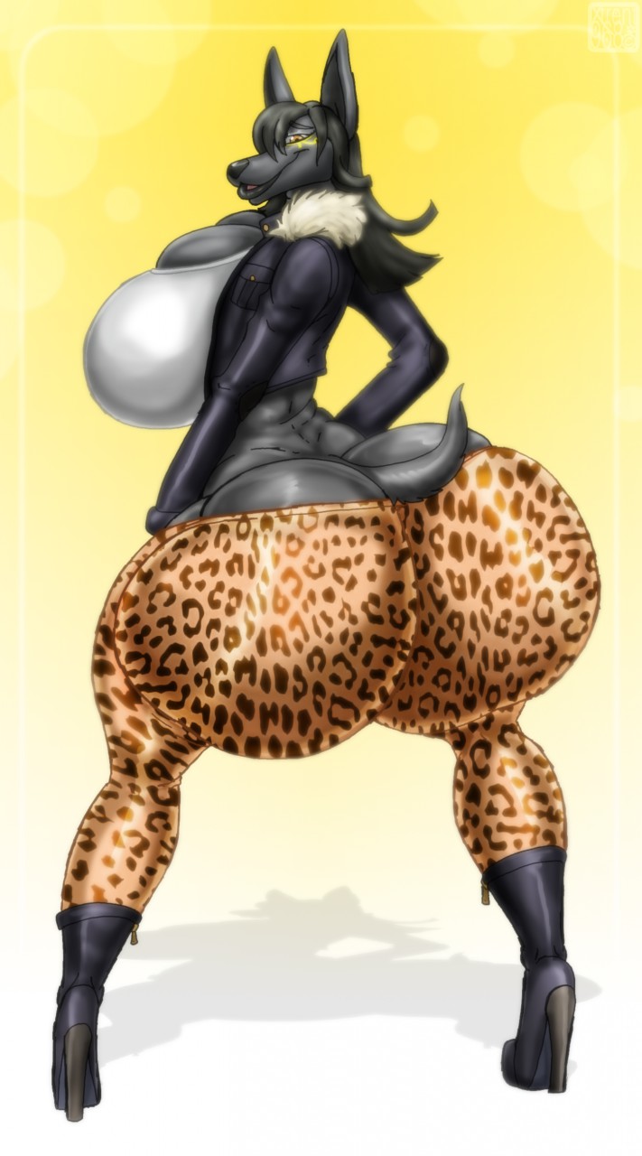 2018 absurd_res animal_print anthro anubian_jackal big_breasts big_butt black_fur black_hair boots breasts brown_eyes butt butt_cleavage canine cleavage clothed clothing digital_media_(artwork) female footwear fur hair hi_res huge_breasts huge_butt huge_hips hyper hyper_breasts hyper_butt jackal jacket leather leather_jacket leggings legwear leopard_print long_hair looking_at_viewer mammal open_mouth rachael_wilde_(lildredre) simple_background smile solo standing voluptuous wide_hips xtrent968