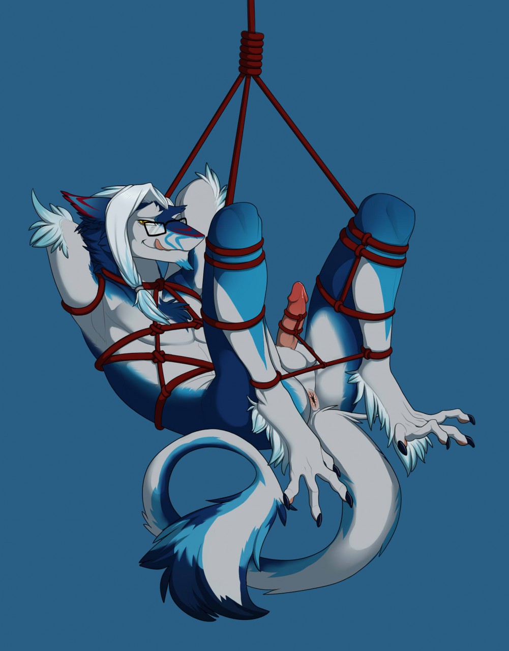 anus balls bdsm bondage bound eyewear glasses grin hanging_(disambiguation) indigochto male meheheehehe nude penis presenting rope sergal smile solo thorin