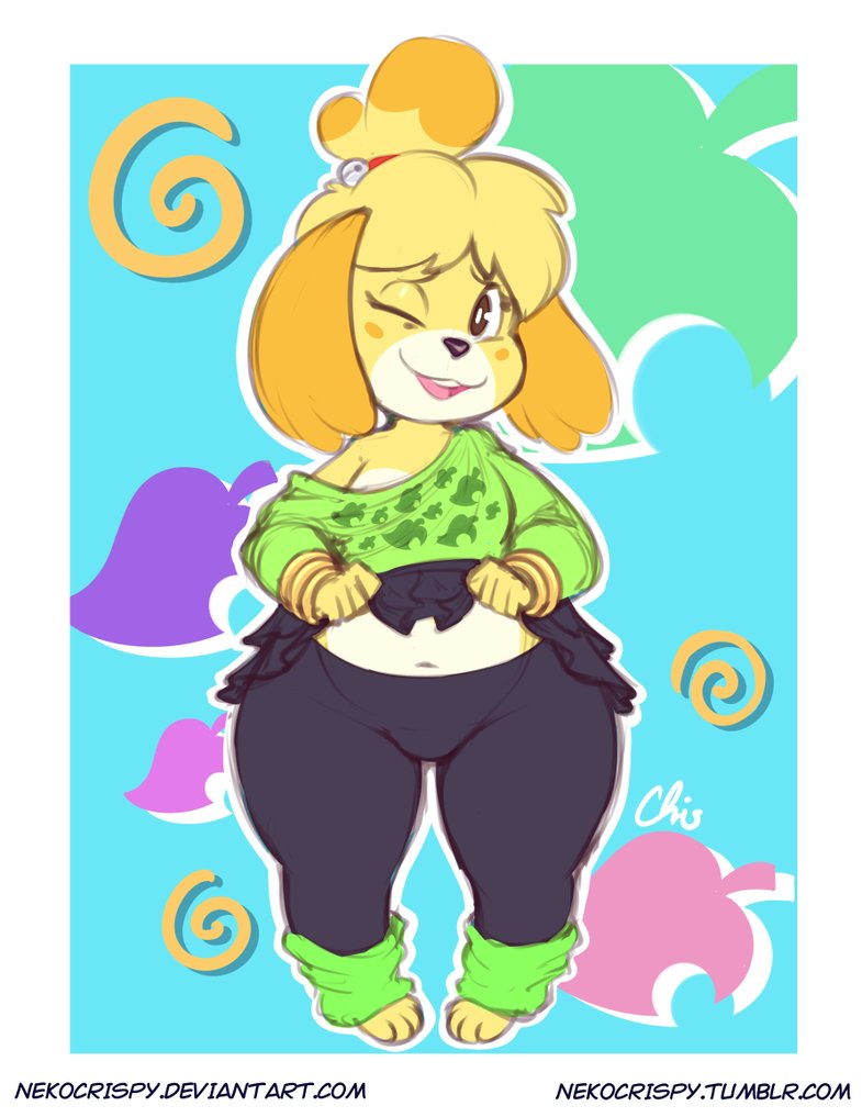 2018 animal_crossing anthro bell belly biped blush canine clothed clothing cute digital_media_(artwork) dog female front_view fully_clothed hair isabelle_(animal_crossing) leg_warmers legwear loose_shirt mammal navel nekocrispy nintendo one_eye_closed pigeon_toed shih_tzu short_stack slightly_chubby solo thick_thighs video_games wide_hips wink yoga_pants