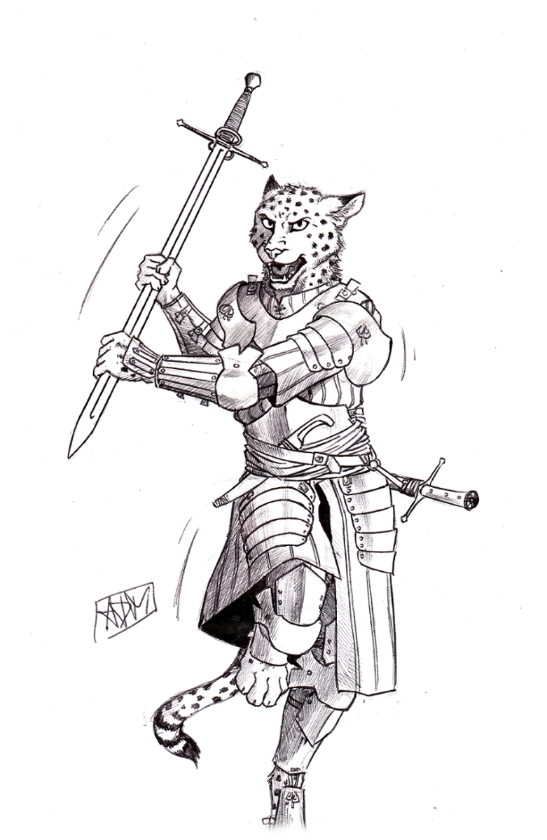 0laffson 2017 anthro armor black_lips cheetah feline fur holding_object holding_weapon male mammal melee_weapon open_mouth simple_background solo spots spotted_fur sword teeth tongue traditional_media_(artwork) weapon white_background