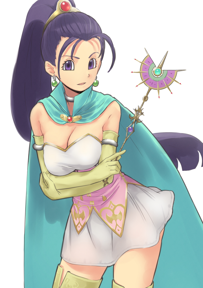 aiueonesan_(umanaminoatama) blue_cape breasts cape choker cleavage dragon_quest dragon_quest_xi dress earrings elbow_gloves gloves hair_strand holding holding_wand jewelry large_breasts long_hair looking_at_viewer miniskirt ponytail purple_eyes purple_hair senica_(dq11) simple_background skirt solo thighhighs wand white_background white_dress yellow_gloves yellow_legwear