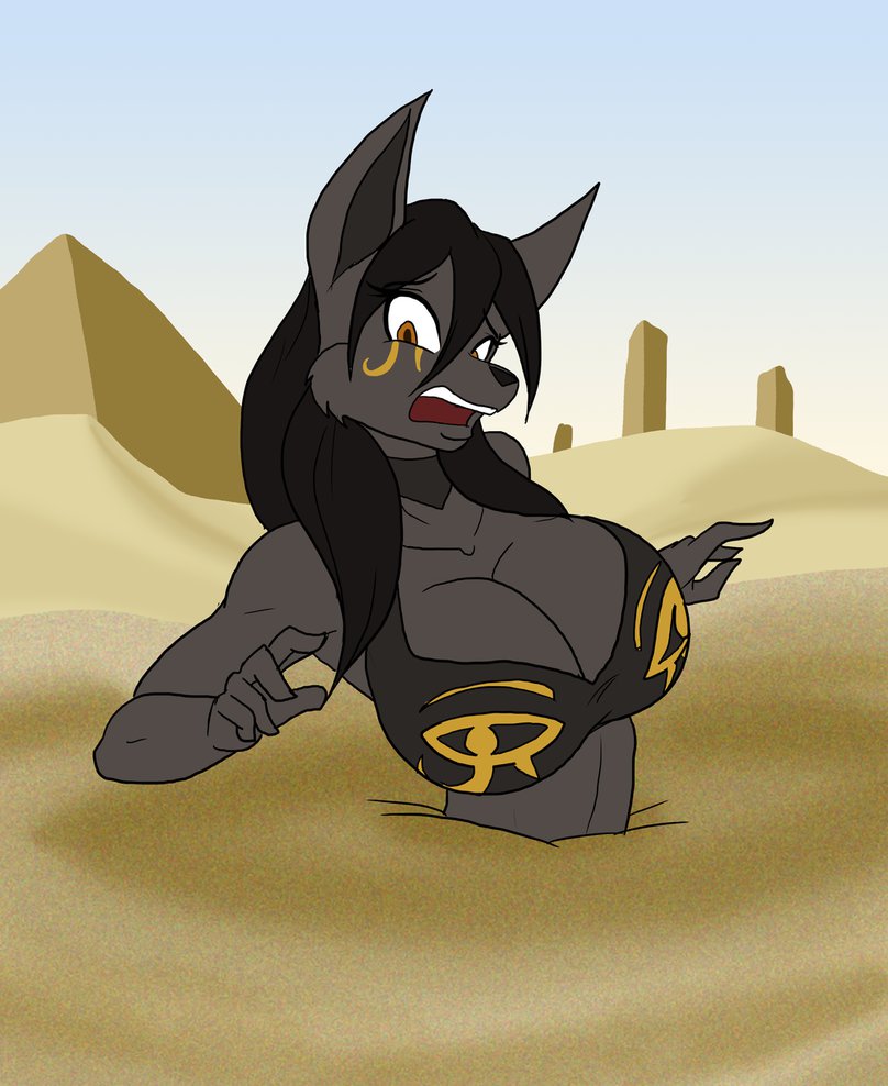 2014 5_fingers anthro anubian_jackal big_breasts black_fur black_hair breasts brown_eyes canine clothed clothing desert digital_media_(artwork) egyptian female fur hair hi_res jackal long_hair mammal midriff open_mouth outside pyramid quicksand rachael_wilde_(lildredre) sky solo toughset