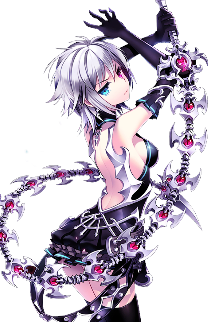 arms_up back belt black_legwear breasts commentary dress earrings elbow_gloves from_behind gloves halter_top halterneck heterochromia iri_flina jewelry looking_back medium_breasts nardack no_eyepatch short_dress short_hair sideboob silver_hair skindentation solo sword_girls thighhighs third-party_edit transparent_background weapon whip_sword