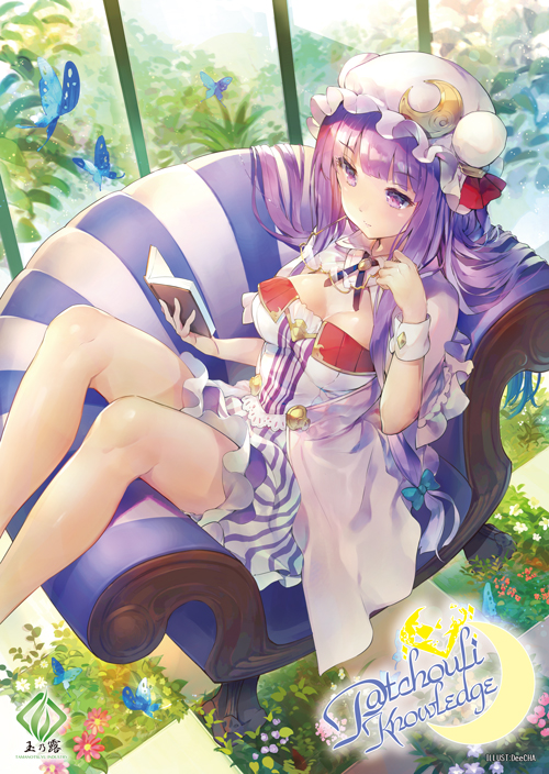 adapted_costume bangs blue_butterfly blunt_bangs book breasts bug butterfly character_name cleavage commentary_request couch crescent crescent_moon_pin deecha english eyebrows_visible_through_hair flower hat insect knees_up light_smile long_hair medium_breasts open_book patchouli_knowledge purple_eyes purple_hair reading sitting solo thighs tile_floor tiles touhou watermark
