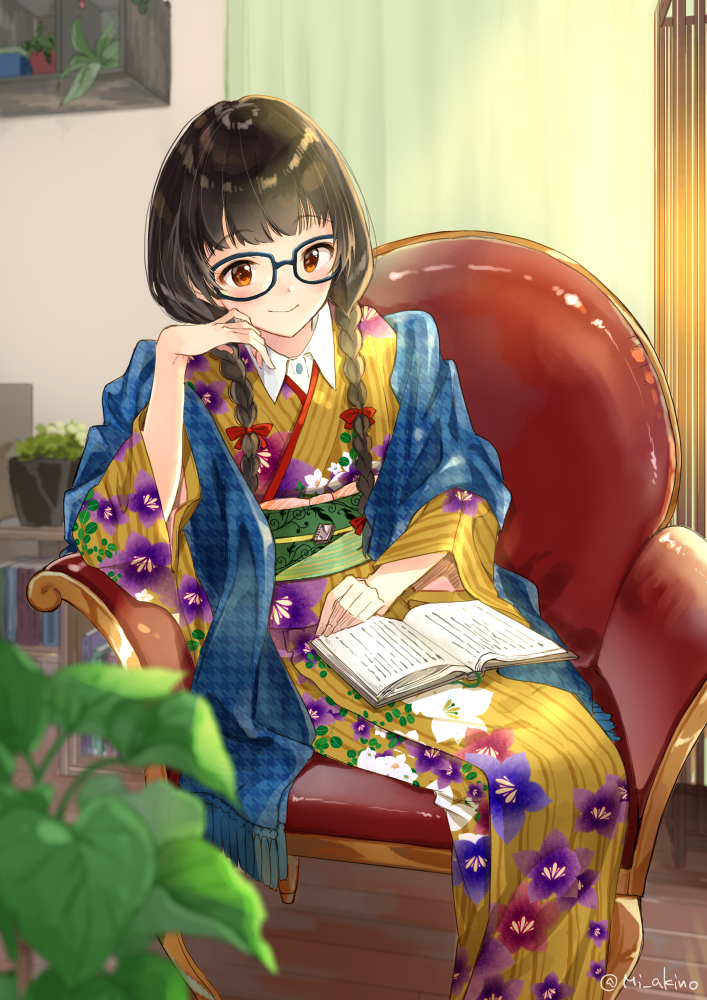 armchair bangs black-framed_eyewear blurry blurry_foreground blush book braid brown_eyes brown_hair chair closed_mouth commentary_request depth_of_field eyebrows_visible_through_hair fingernails floral_print fringe_trim glasses indoors japanese_clothes kimono long_hair long_sleeves looking_away looking_down miyabi_akino open_book original plant potted_plant print_kimono reading shawl sitting smile solo striped twin_braids twitter_username vertical-striped_kimono vertical_stripes wide_sleeves wooden_floor yellow_kimono