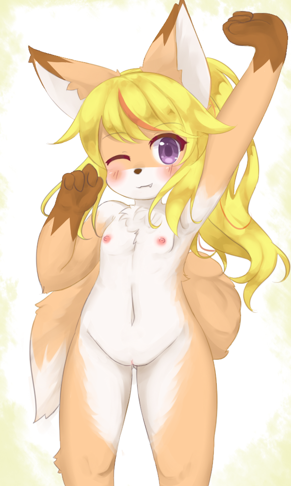 2018 4_fingers alternate_version_at_source anthro blonde_hair blush breasts canine cub cute cute_fangs eigetsu erect_nipples eyelashes fangs female fox fur gloves_(marking) hair highlights inner_ear_fluff kemono long_hair looking_at_viewer mammal markings multicolored_fur navel nipples nude one_eye_closed purple_eyes pussy red_highlights small_breasts smile solo stretching teeth white_fur wink young