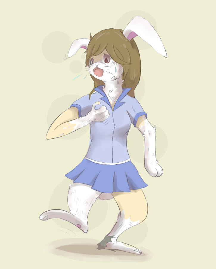 2012 blue_eyes brown_eyes clothing female fur lagomorph long_ears mammal pawpads paws rabbit red_eyes simple_background snout solo tears transformation whiskers white_fur worried さみー