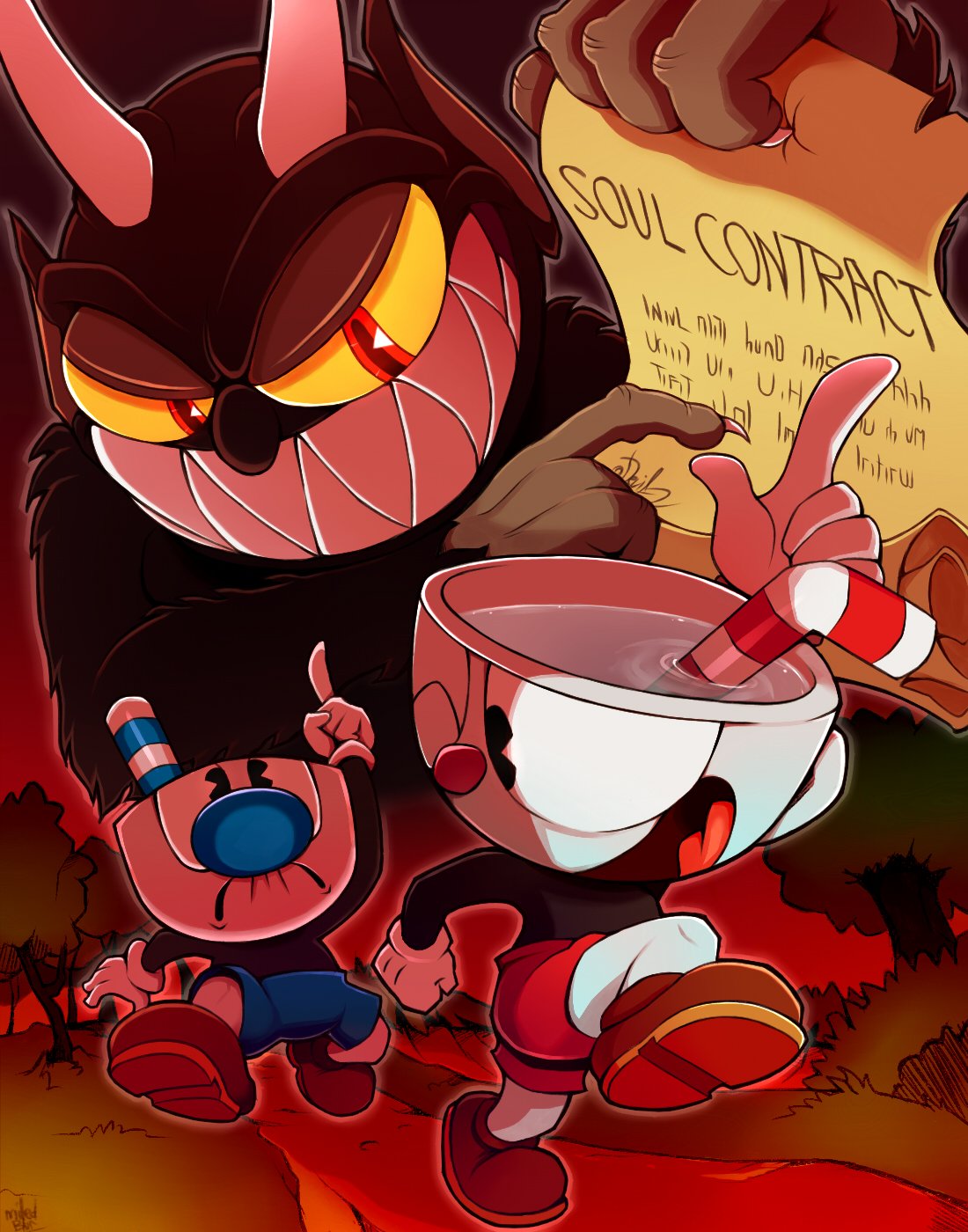 animate_inanimate black_eyes claws clothing compression_artifacts cuphead_(character) cuphead_(game) english_text eye_contact footwear full_body gloves grass half-closed_eyes hi_res horn male mugman one_eye_closed open_mouth outside paper pointing raised_arm red_eyes running sharp_teeth shirt shoes shorts signature smile straw teeth text the_devil_(cuphead) tongue tree video_games wildblur wink yellow_sclera