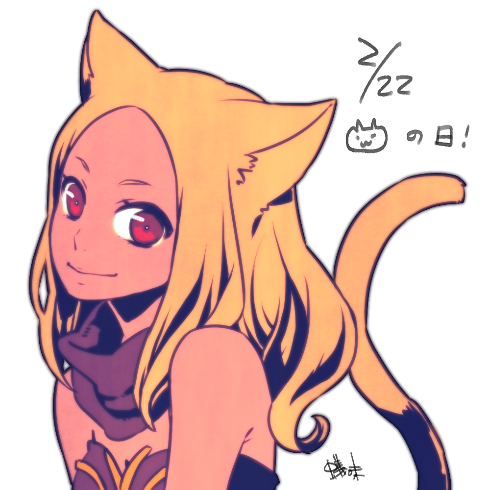 2018 animal_humanoid blonde_hair cat_humanoid clothed clothing feline female gravity_rush hair humanoid kat_(gravity_rush) looking_at_viewer mammal red_eyes simple_background smile solo 蟻味