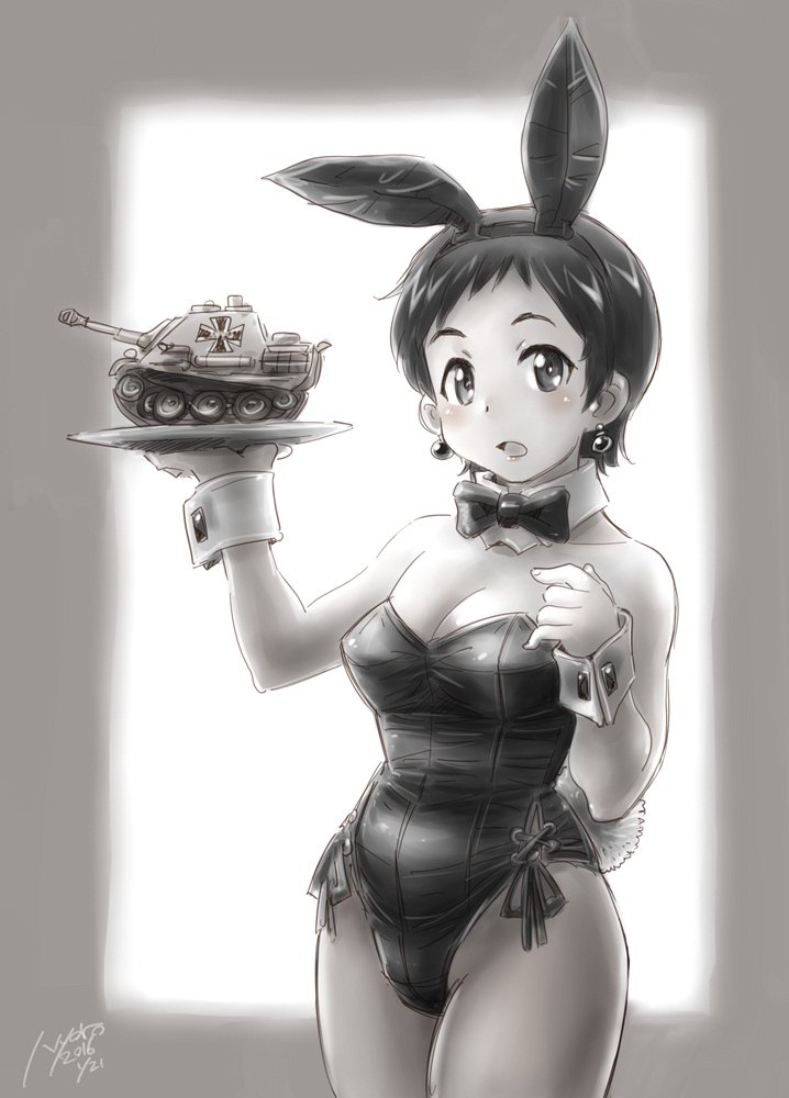 :o animal_ears artist_name bow bowtie breasts bunny_ears bunny_tail bunnysuit cleavage commentary cowboy_shot dated detached_collar earrings emblem fake_animal_ears fake_tail girls_und_panzer greyscale ground_vehicle highleg highleg_leotard holding holding_plate jewelry kuromorimine_(emblem) leotard looking_at_viewer medium_breasts military military_vehicle monochrome motor_vehicle nyororiso_(muyaa) open_mouth pantyhose panzerkampfwagen_panther plate ritaiko_(girls_und_panzer) shadow short_hair side-tie_leotard signature solo standing strapless strapless_leotard tail tank very_short_hair wrist_cuffs