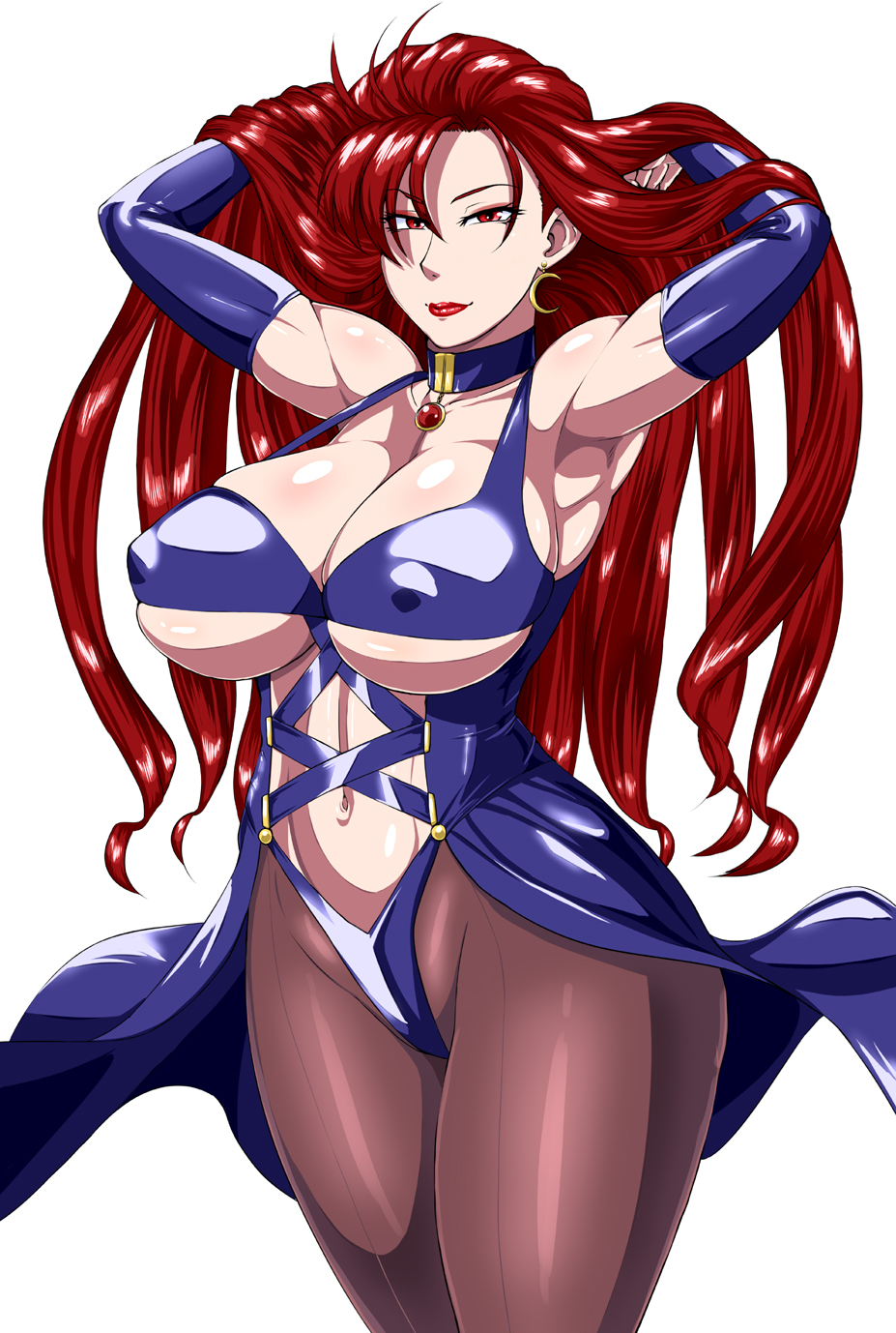 armpits arms_up breasts choker commentary_request covered_nipples earrings elbow_gloves gloves highres hips huge_breasts jewelry light_smile lipstick long_hair looking_at_viewer makeup ml navel pantyhose red_eyes red_hair red_lipstick saphine_grace simple_background solo super_robot_wars thighs very_long_hair white_background