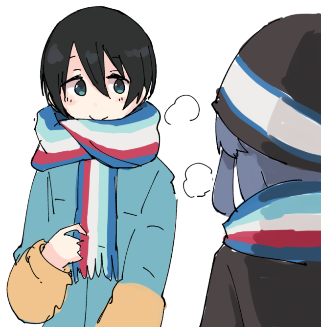 black_hair blue_hair blush green_eyes hat matching_outfit multicolored multicolored_stripes multiple_girls saitou_ena scarf shima_rin shiroshi_(denpa_eshidan) short_hair striped striped_scarf visible_air white_background winter_clothes yurucamp