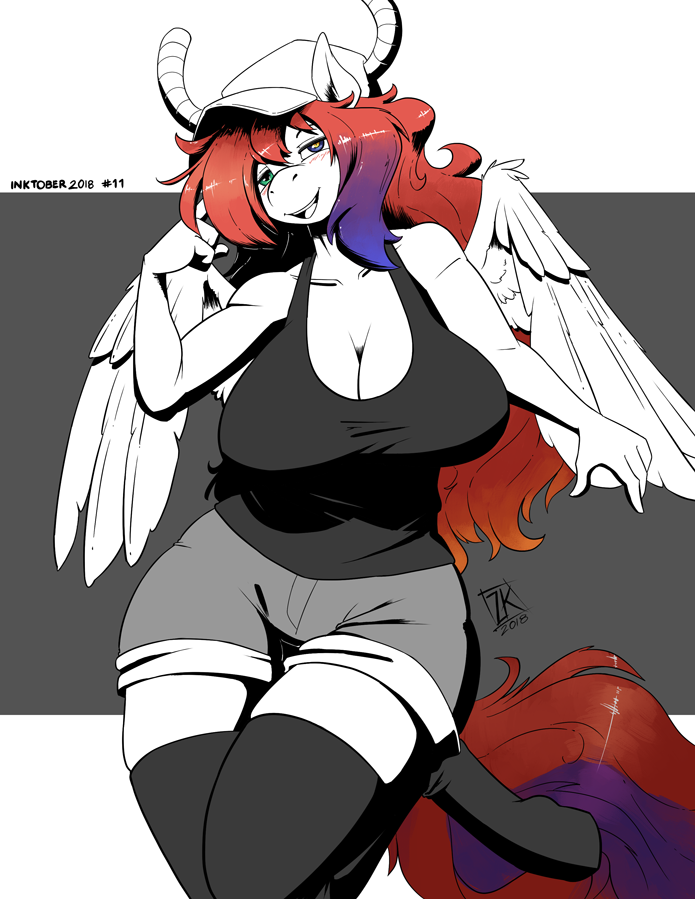 2018 absolute_territory anthro berry_slice big_breasts blush breasts cleavage clothed clothing cosplay equine fan_character female hat heterochromia mammal miss_kobayashi's_dragon_maid my_little_pony pegasus quetzalcoatl_(dragon_maid) shorts solo wings zwitterkitsune