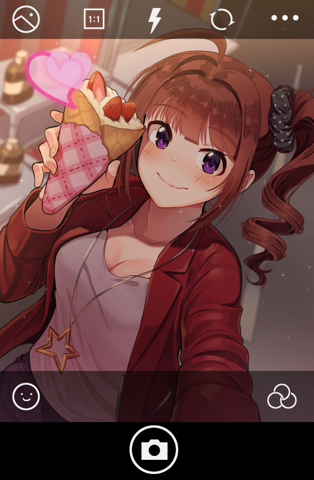 blurry blurry_background blush bottle bow breasts brown_hair casual cleavage closed_mouth collarbone commentary_request depth_of_field drill_hair dutch_angle eyebrows_visible_through_hair food fruit grey_shirt hair_ornament hair_scrunchie hand_up heart holding holding_food idolmaster idolmaster_million_live! jacket jewelry kamille_(vcx68) long_hair long_sleeves looking_at_viewer medium_breasts necklace one_side_up open_clothes open_jacket outdoors outstretched_arm pendant phone_screen pink_lips polka_dot polka_dot_bow purple_eyes reaching_out red_jacket scrunchie self_shot shirt sidelocks smile solo sparkle star star_necklace strawberry upper_body wrapper yokoyama_nao