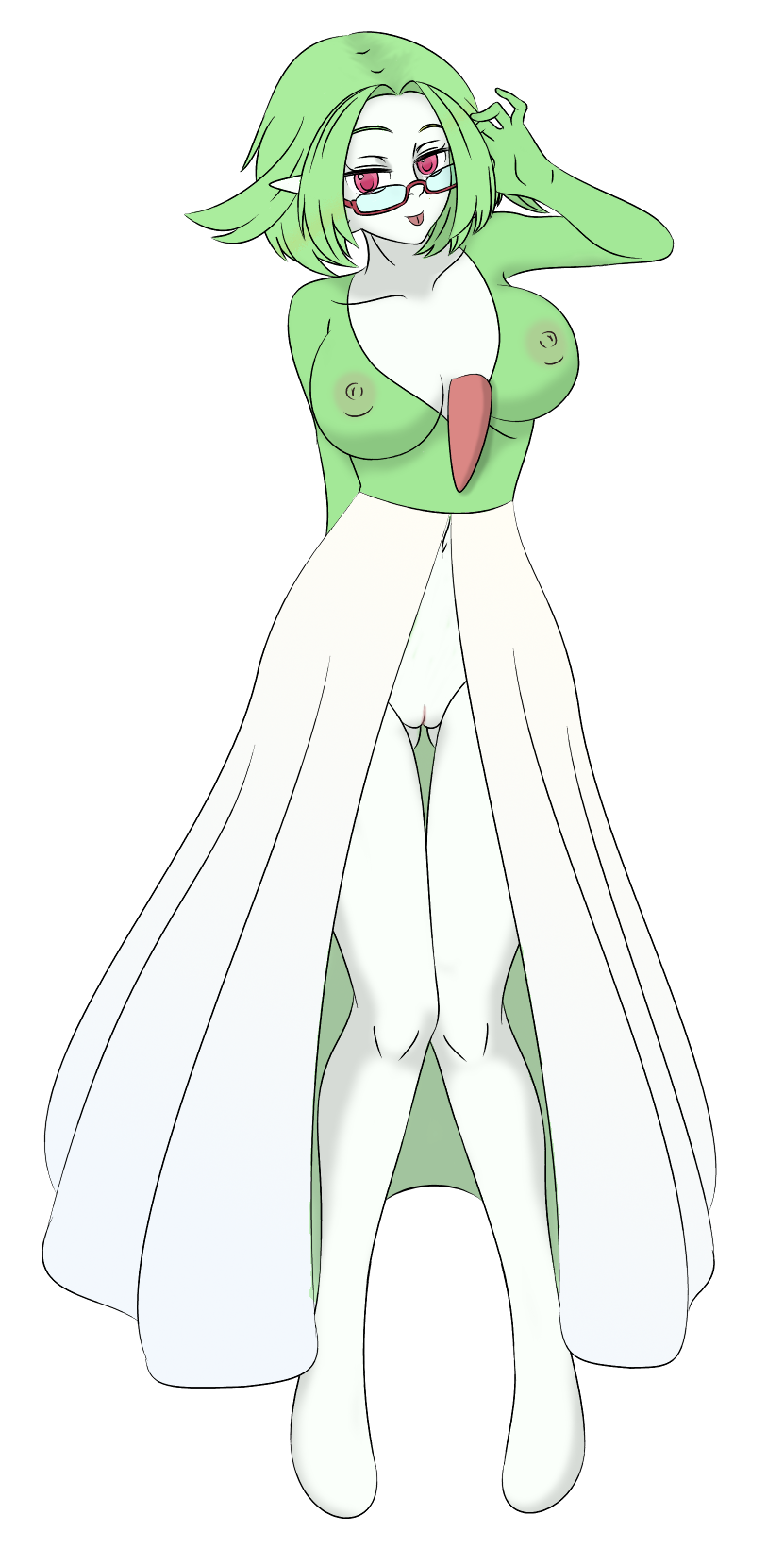 bianca_(pok&eacute;mon) breasts clothing eyelashes eyewear featureless_feet female fusion gardevoir glasses green_breasts green_hair green_nipples hair humanoid monster_girl_(genre) nickfaire nintendo nipples not_furry nude pink_eyes pok&eacute;mon pok&eacute;mon_(species) pussy simple_background solo standing translucent transparent_clothing video_games white_background white_skin