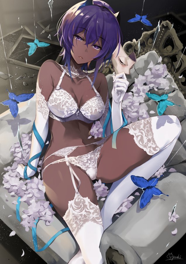 arm_support bangs blush bra breasts bug butterfly choker cleavage collarbone commentary_request dark_skin earrings elbow_gloves fate/prototype fate/prototype:_fragments_of_blue_and_silver fate_(series) garter_belt garter_straps gloves hair_between_eyes hassan_of_serenity_(fate) hirai_yuzuki holding holding_mask horns insect jewelry knee_up lace lace-trimmed_gloves lace-trimmed_thighhighs lace_bra lace_choker lace_panties mask medium_breasts navel panties purple_hair short_hair sidelocks sitting skull skull_mask stomach thighhighs underwear underwear_only white_bra white_gloves white_legwear white_panties