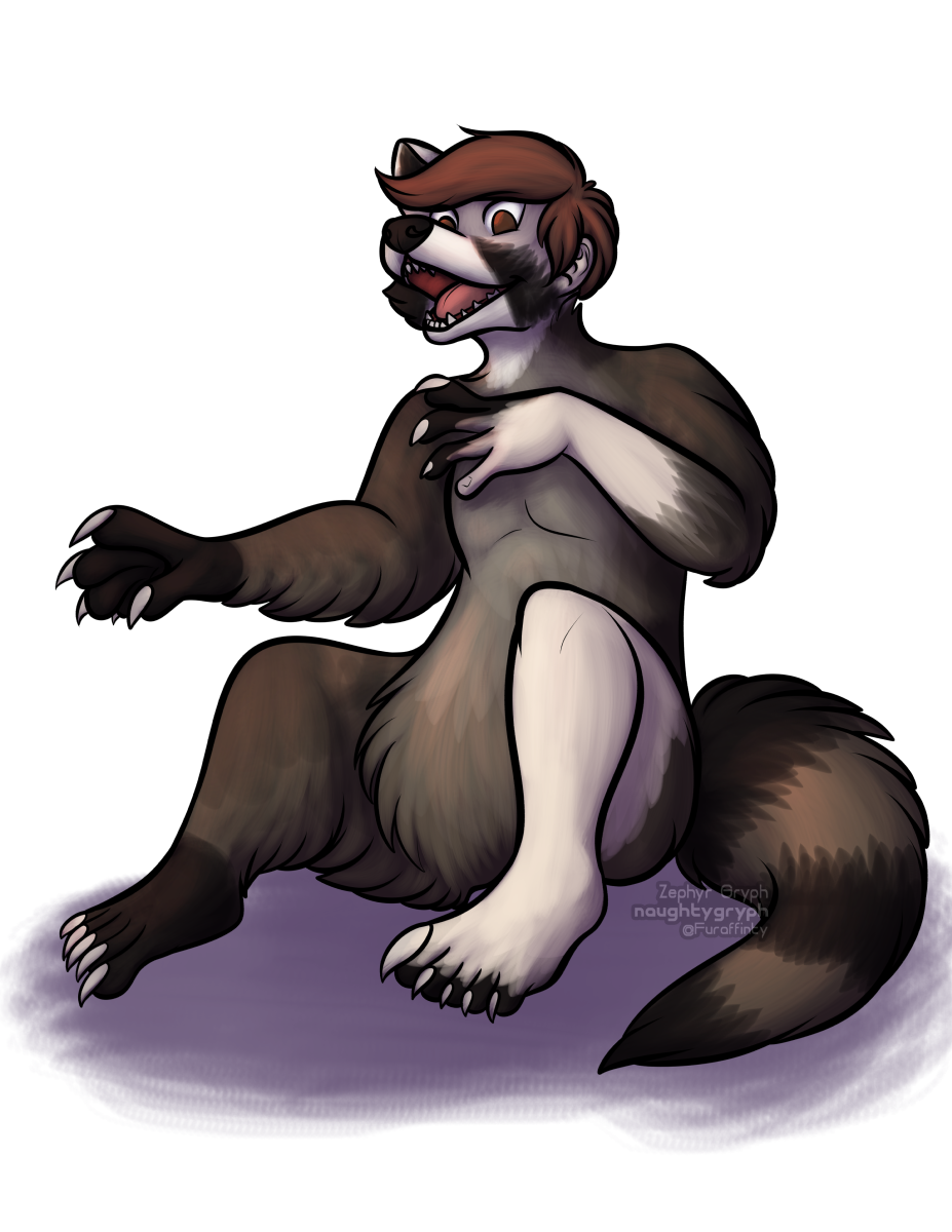 2018 anthro black_fur claws delight digital_drawing_(artwork) digital_media_(artwork) fur fur_growth hair hi_res human human_to_anthro invalid_tag male mammal multicolored_fur naughtygryph nude open_mouth procyonid raccoon simple_background sitting solo species_transformation stripes surprise teeth toe_claws tongue transformation white_fur