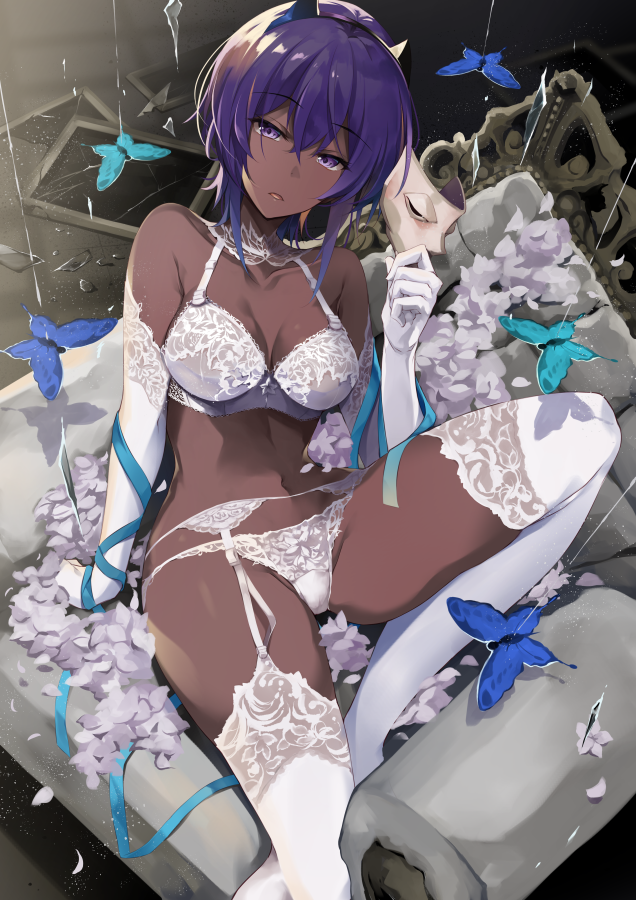 arm_support bangs blush bra breasts bug butterfly choker cleavage collarbone commentary_request dark_skin earrings elbow_gloves fate/prototype fate/prototype:_fragments_of_blue_and_silver fate_(series) garter_belt garter_straps gloves hair_between_eyes hassan_of_serenity_(fate) hirai_yuzuki holding holding_mask horns insect jewelry knee_up lace lace-trimmed_gloves lace-trimmed_thighhighs lace_bra lace_choker lace_panties mask navel panties purple_hair short_hair sidelocks sitting skull skull_mask stomach thighhighs underwear underwear_only white_bra white_gloves white_legwear white_panties