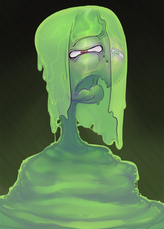 2018 derek_hetrick digital_drawing_(artwork) digital_media_(artwork) female front_view frown goo_creature goo_hair green_background green_body green_eyes green_hair green_theme hair heterochromia humanoid looking_at_viewer monster_girl_(genre) not_furry open_frown open_mouth red_eyes sad simple_background slime slime_girl_(derek_hetrick) solo toony upset