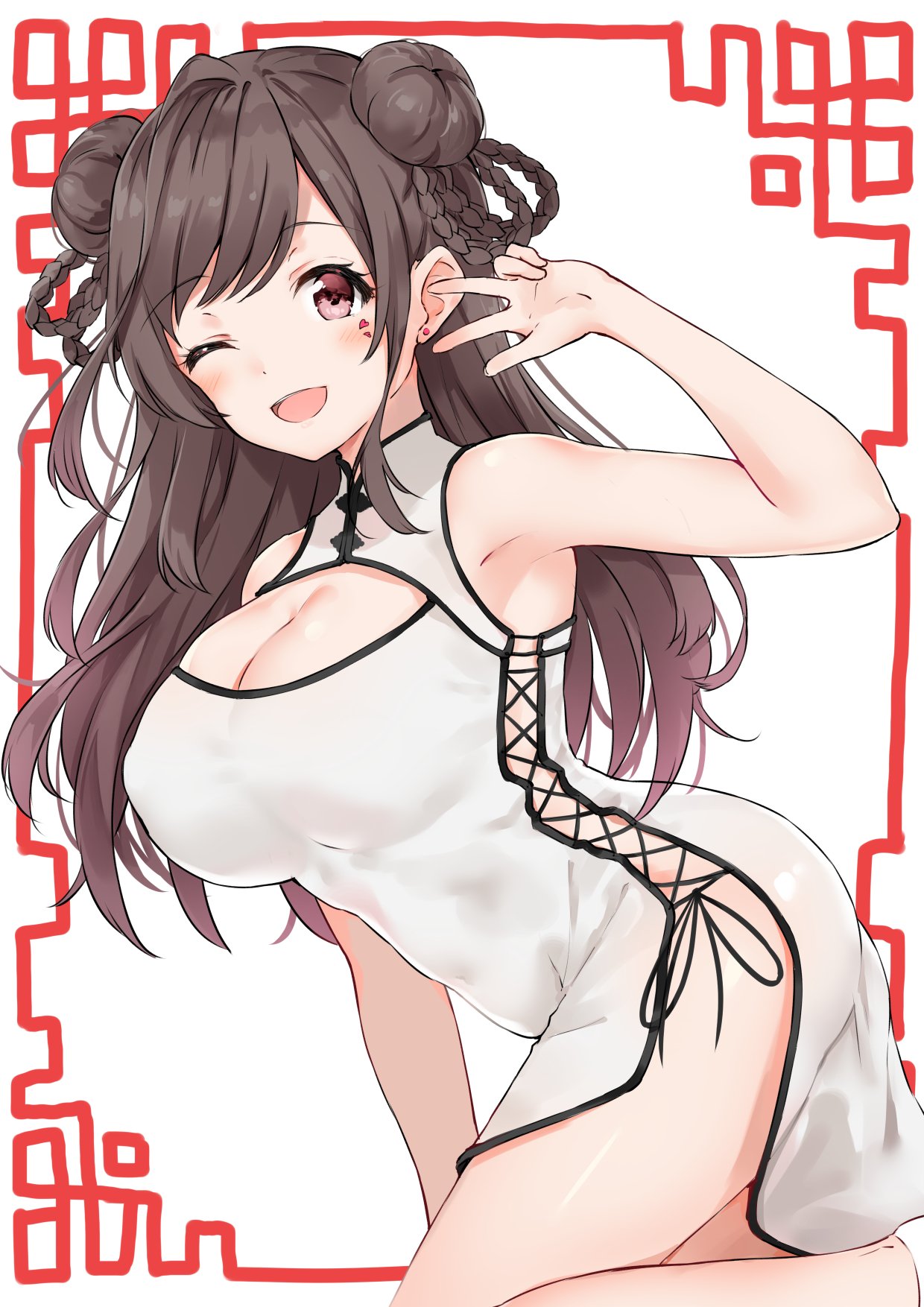 ;d armpits bangs bare_arms bare_shoulders black_hair blush braid breasts brown_eyes china_dress chinese_clothes cleavage cleavage_cutout covered_nipples cowboy_shot double_bun dress earrings eyebrows_visible_through_hair facial_mark hand_up heart highres idolmaster idolmaster_shiny_colors jewelry large_breasts leaning long_hair looking_at_viewer minikon one_eye_closed open_mouth pelvic_curtain side_slit sidelocks smile solo standing standing_on_one_leg tsukioka_kogane w white_background