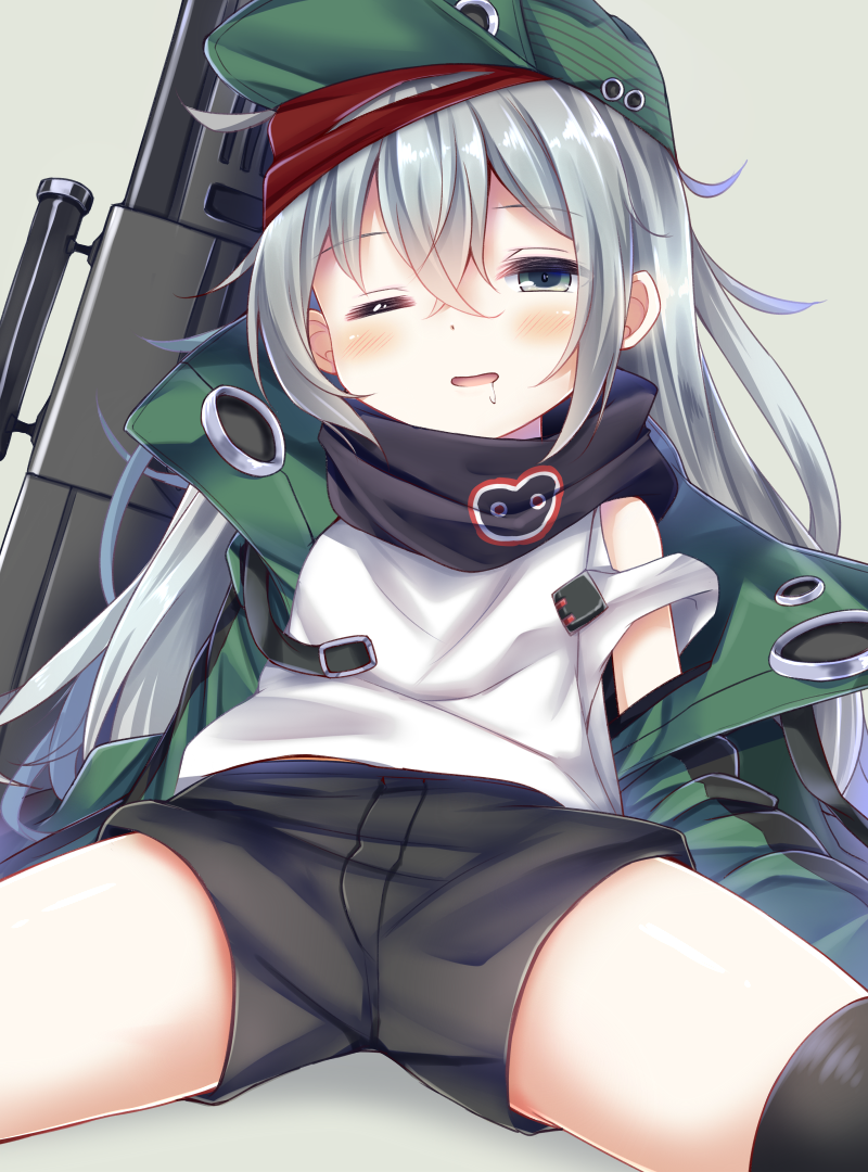 assault_rifle bangs black_legwear black_shorts blush commentary_request drooling esureki eyebrows_visible_through_hair flat_cap g11 g11_(girls_frontline) girls_frontline green_hat green_jacket grey_background gun hair_between_eyes half-closed_eye hat head_tilt jacket long_hair looking_at_viewer object_namesake one_eye_closed open_clothes open_jacket parted_lips rifle saliva short_shorts shorts silver_hair sitting smile solo spread_legs tank_top thighhighs very_long_hair weapon white_tank_top