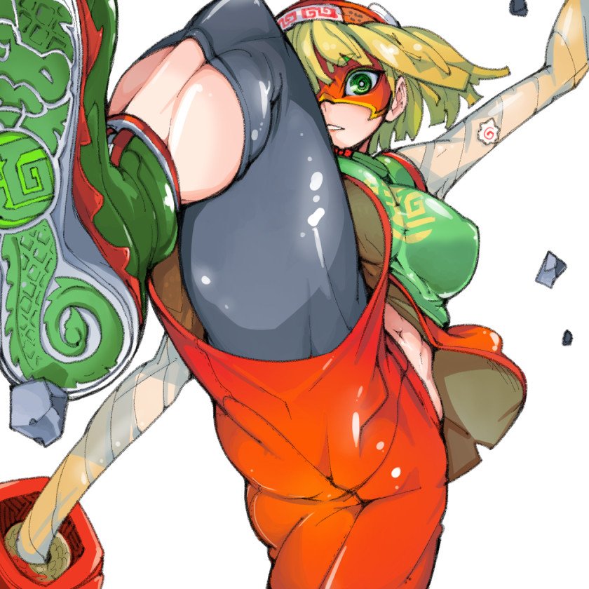 arms_(game) bangs beanie bike_shorts blonde_hair blunt_bangs bob_cut breasts chinese_clothes commentary_request domino_mask fighting_stance food green_eyes green_footwear hat high_tops kamaboko kicking knit_hat large_breasts leg_up looking_at_viewer looking_down mask min_min_(arms) narutomaki navel noodles orange_shorts perspective pom_pom_(clothes) shoe_soles short_hair shorts simple_background soles solo split standing standing_on_one_leg standing_split stomach teriyaki upshorts white_background