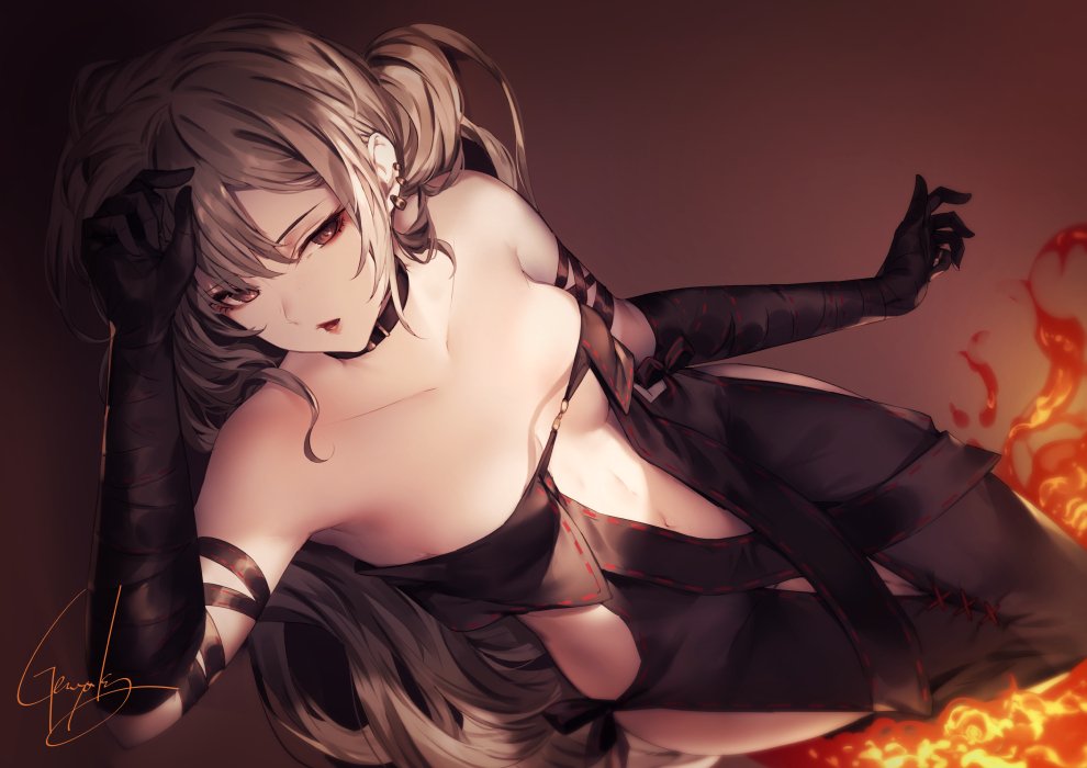 1girl arm_up bangs bare_shoulders black_dress black_gloves blunt_bangs breasts brown_background brown_hair center_opening choker collarbone commentary consort_yu_(fate) dress dutch_angle ear_piercing earrings elbow_gloves eyebrows_visible_through_hair fate/grand_order fate_(series) feet_out_of_frame fire from_above gloves gradient gradient_background hand_on_own_head jewelry kyouya_(mukuro238) long_hair looking_away looking_to_the_side navel open_mouth piercing red_eyes revealing_clothes sidelocks signature simple_background small_breasts solo standing strapless strapless_dress swept_bangs tsurime very_long_hair