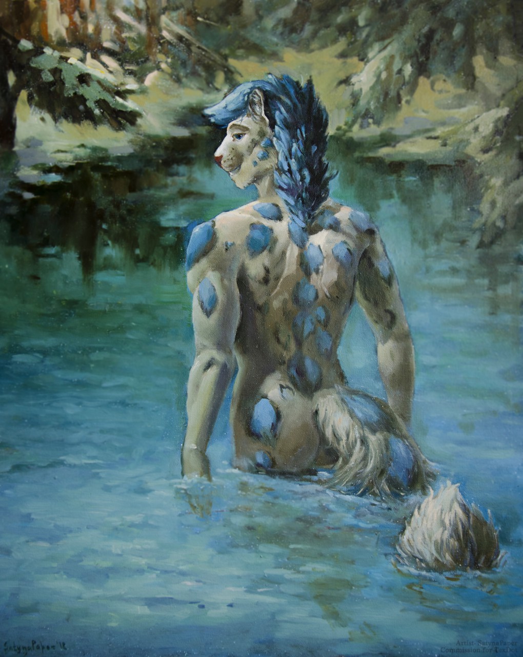 anthro biped butt feline forest fur hair lake leaves leopard male mammal nude oil_painting painting partially_submerged rear_view satynapaper snow_leopard solo spring standing traditional_media_(artwork) tree victory_(texdot) water