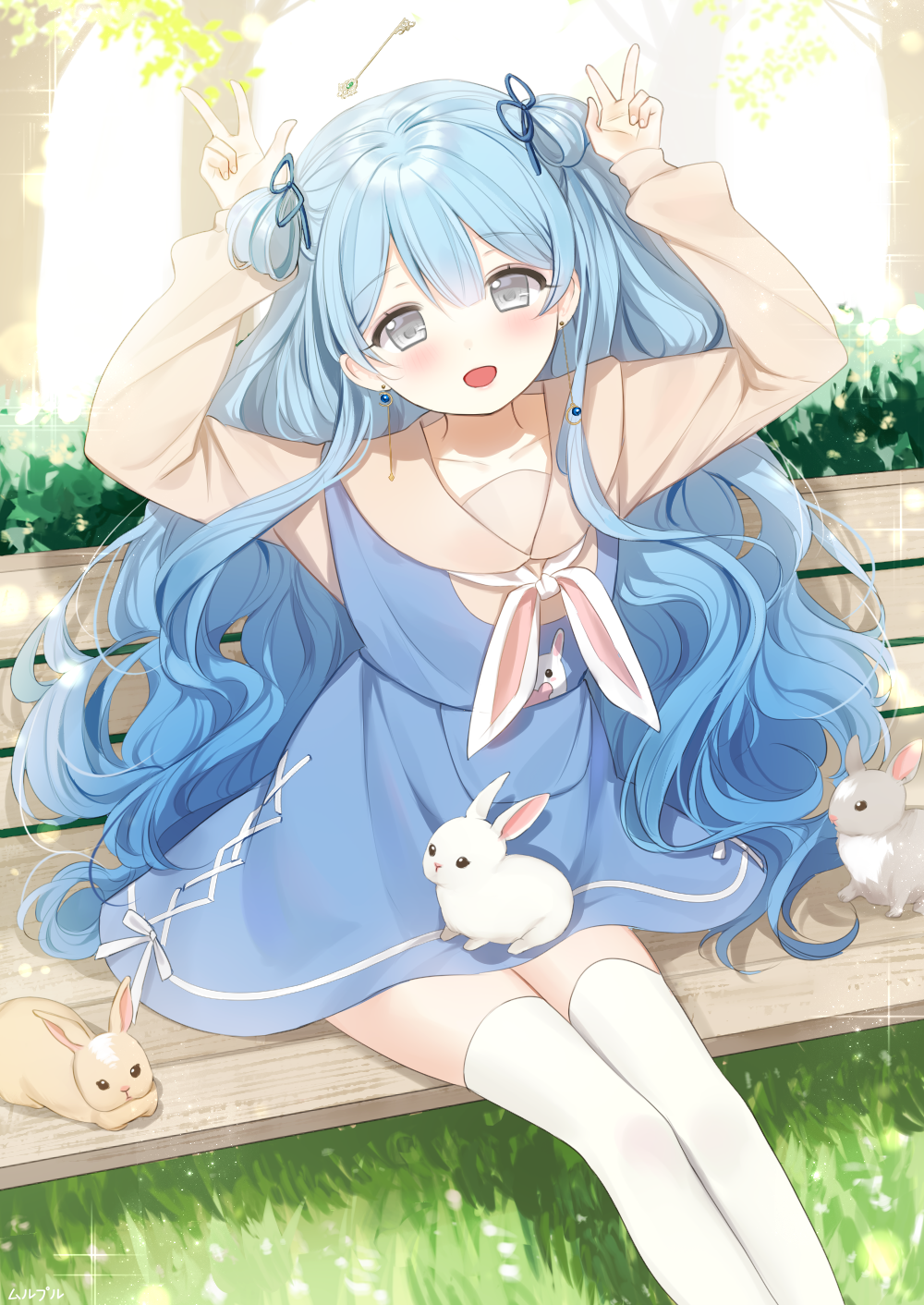 :d animal animal_on_lap arms_up bangs bench blue_dress blue_hair blue_ribbon blush brown_shirt bunny commission day double_w dress earrings eyebrows_visible_through_hair gradient_hair grass grey_eyes hair_between_eyes hair_ribbon head_tilt highres jewelry key long_hair long_sleeves mullpull multicolored_hair neckerchief on_bench open_mouth original outdoors park_bench ribbon shirt sitting sleeveless sleeveless_dress sleeves_past_wrists smile solo sparkle sunlight themed_object thighhighs tree two_side_up very_long_hair w wavy_hair white_legwear white_neckwear