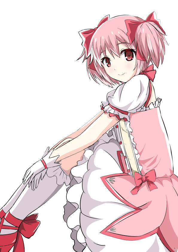 ankle_bow ankle_ribbon bow bubble_skirt eyebrows_visible_through_hair from_side gloves hair_between_eyes hair_bow kaname_madoka kneehighs looking_at_viewer magical_girl mahou_shoujo_madoka_magica natsuzakura_yuuki pink_bow pink_hair red_bow red_eyes red_footwear ribbon short_hair short_sleeves short_twintails simple_background skirt smile solo twintails white_background white_gloves white_legwear white_skirt