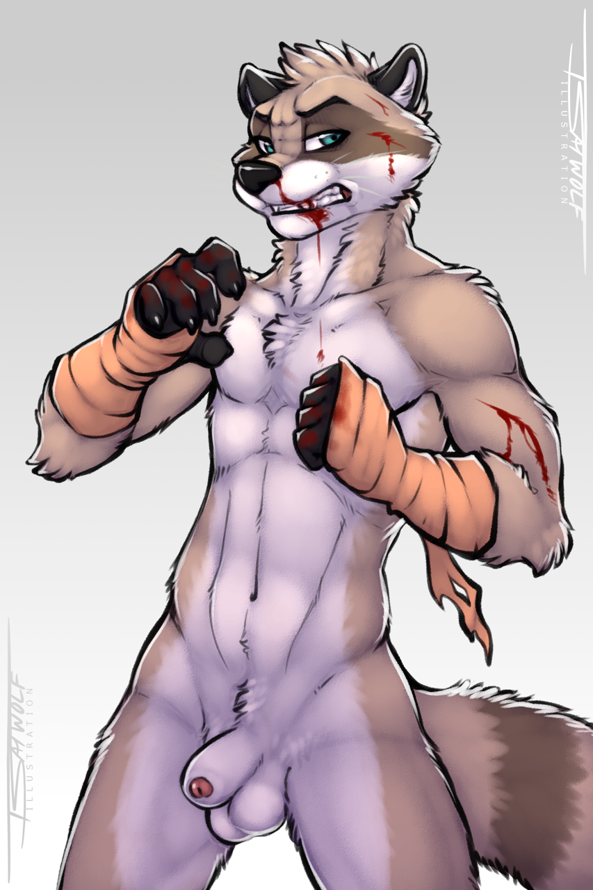 5_fingers anthro balls bandage blood foreskin male mammal nude penis procyonid raccoon simple_background solo standing tsaiwolf