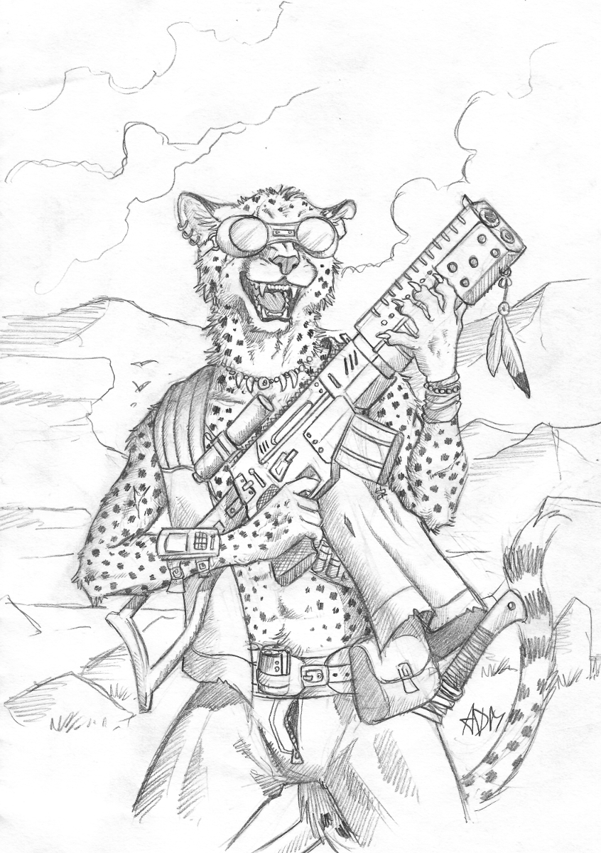 0laffson 2017 5_fingers anthro cheetah detailed_background eyewear feline goggles gun holding_object holding_weapon mammal open_mouth ranged_weapon sketch teeth tongue traditional_media_(artwork) weapon