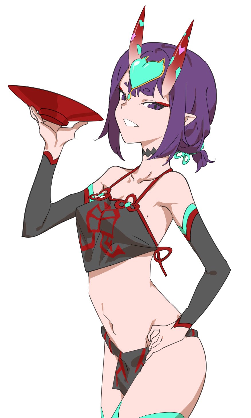 bad_id bad_twitter_id bangs bare_shoulders breasts cirnocchi collarbone commentary cup detached_sleeves dudou eyeliner fate/grand_order fate_(series) forehead_jewel fundoshi hand_on_hip headpiece highres hips horns japanese_clothes low_twintails makeup navel oni oni_horns parted_lips pelvic_curtain purple_eyes purple_hair rope sakazuki short_eyebrows short_hair short_twintails shuten_douji_(fate/grand_order) shuten_douji_(halloween)_(fate) simple_background small_breasts smile solo twintails white_background